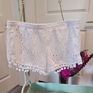 Elegant White Lace Pom Pom Swim Shorts